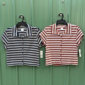 Button Front Cropped Striped Polo Shirt 2-Pack Size XL